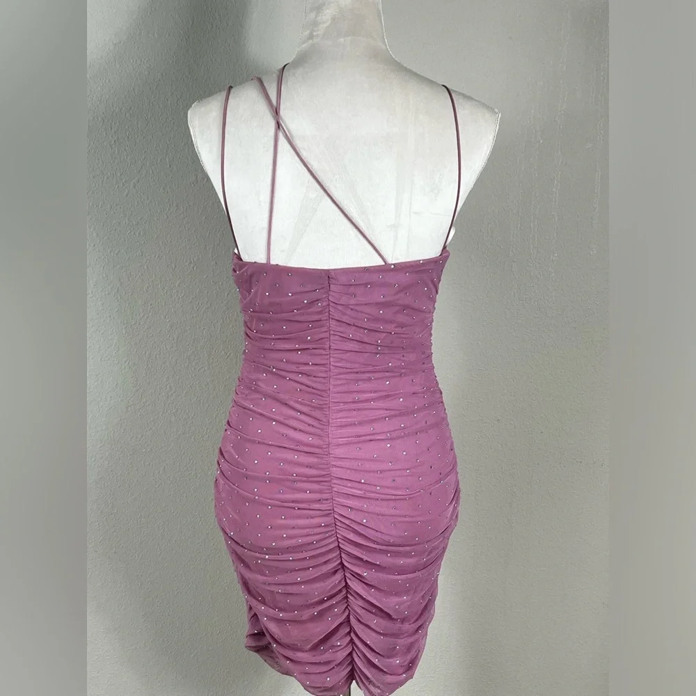 Pink Rhinestone Ruched Mini Dress - Picture 2 of 5